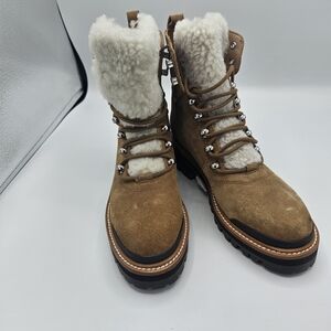 Marc Fisher Tan Suede Shearling-Lined Combat Boots